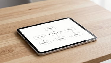 A sleek modern tablet on a light oak table displaying a clean, elegant career path diagram with soft natural lighting.