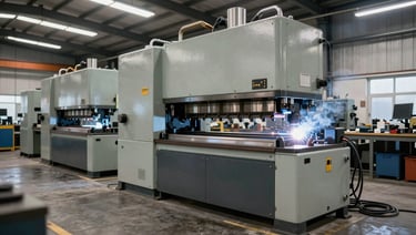 Wide panoramic view of industrial workshop machinery — a hydraulic press and welding station side by side on a concrete floor, hard overhead fluorescent lighting, tools and cables visible, no people, documentary industrial framing