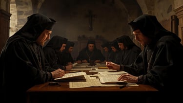 Orthodox monks in black robes studying ancient religious manuscripts at a long wooden table.