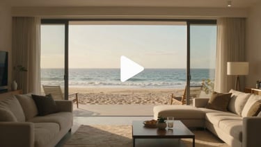 Cinematic wide shot of the open living room looking out to the beach, with a subtle play icon overlay, soft coastal tones.