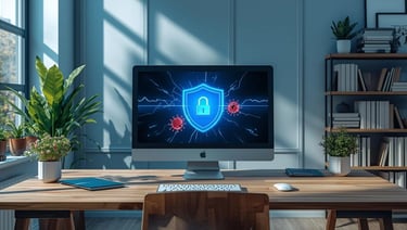 Desktop PC displaying a glowing blue security shield destroying red virus threats on screen in a bright modern office