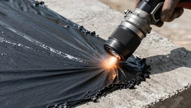 Close-up of technical waterproofing application on a concrete slab, showing dark asphaltic membrane being heat-torched precisely