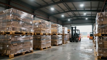 Wide shot of an industrial warehouse interior with stacked materials and palletised goods, a forklift visible in the distance, overhead sodium lighting, observational framing with no posed figures