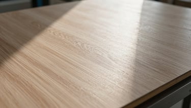 Close detail of high-pressure laminate panel surface texture under directional natural light, industrial context, no people, precise and material-focused framing