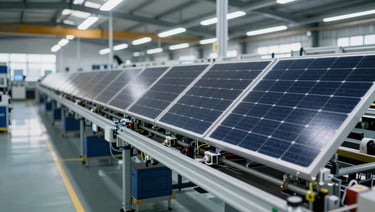 Ground-level view along a row of solar PV module assembly stations in a manufacturing facility, components visible on the line, cool daylight from skylights, no people posed, industrial observational framing