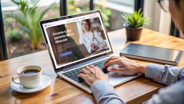 A imagem mostra um laptop com a tela inicial do site Ninacare