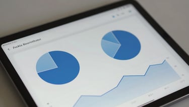 Macro close-up of a high-fidelity digital dashboard on a tablet screen, displaying clean asset allocation pie charts and smooth compounding curves, cool daylight reflecting off the glass edge, neutral workspace background.