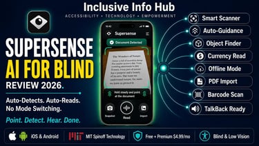 Supersense AI for Blind Review 2026 featured image showing auto-detecting scanner interface with radar-style feature badges