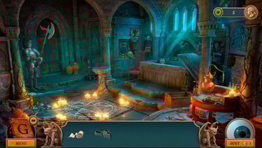 Gwen Black: Cemetery Gate gameplay screenshot of a gothic crypt room with hidden-object UI