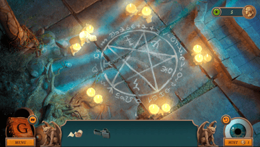 Gwen Black: Cemetery Gate screenshot showing a pentagram candle puzzle on stone floor