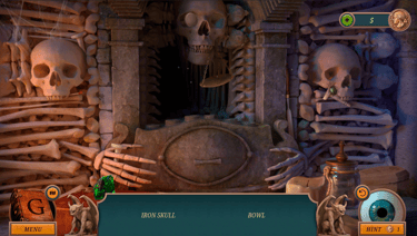 Gwen Black: Cemetery Gate screenshot of a skull wall mechanism puzzle with inventory bar