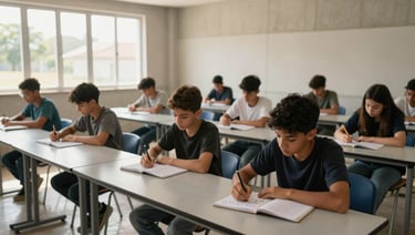 Wide environmental shot inside a community study room in Parque Brasil — teenagers seated at long tables with notebooks open, afternoon light entering through tall windows on the left, one student in the foreground tracing letters with a pencil, warm concrete walls, honest and unposed