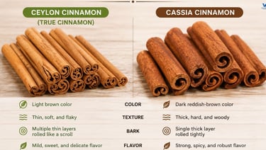 Comparison of Ceylon cinnamon and Cassia cinnamon showing differences in appearance, color, and text