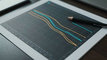 Overhead close-up of a printed fund projection chart spread on a dark desk, gold and cyan data lines plotted across a dark grid, a mechanical pencil resting at the edge of the sheet, cool desaturated office daylight from the left