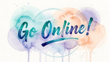 Go Online text in blue calligraphy over a colorful watercolor background of pastel circles.
