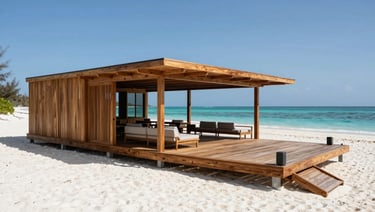 A high-end watersports club on a pristine white sand beach in Zanzibar, premium teak wood deck, modern minimalist design, crisp midday sun.