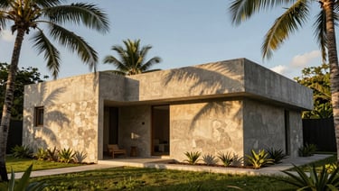 Architectural concrete villa blending into local Zanzibari stone, lush tropical palms, golden hour lighting casting long soft shadows.