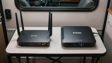 Side-by-side overhead shot on a folding table inside an RV: a Starlink router on the left, a T-Mobile Home Internet gateway on the right, both powered on with indicator lights visible, even interior lighting, no people