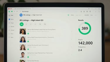 Wide desktop screenshot of a Meta Ads Manager dashboard running a real estate lead generation campaign — audience targeting panel visible on left, results column showing 389 leads, cost-per-lead $11.20, reach 142,000, frequency 2.4. Bright clean Meta UI, green positive delta indicators, readable campaign name 'RE Listings — High Intent Q3'. No blur, no vignette.