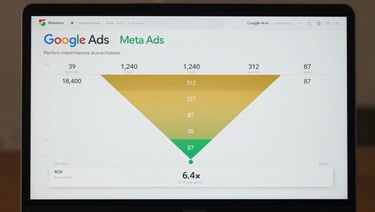 Wide desktop screenshot of a combined Google Ads and Meta Ads performance report — funnel chart showing 18,400 impressions narrowing to 1,240 clicks to 312 form fills to 87 qualified calls, ROI row at bottom showing 6.4× return on ad spend. Clean analytics UI, gold and green metric highlights, readable axis labels. No blur, no artistic treatment.