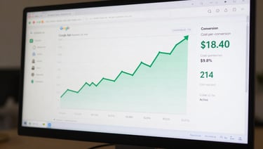 Wide desktop capture of a Google Ads campaign dashboard showing a brokerage account — green performance trend line rising steeply over 90 days, conversion column showing 214 conversions at a cost-per-conversion of $18.40, CTR at 9.2%, campaign status active. Clean white UI on bright monitor, readable numbers, no blur.