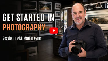 YouTube thumbnail with Martin Osner holding a camera, the text reads get started in photography.