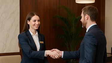 Resepsionis hotel menyambut tamu di lobi modern dan elegan.