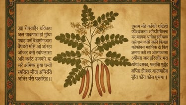 Ancient Ayurvedic botanical illustration showing moringa plant with Sanskrit text details