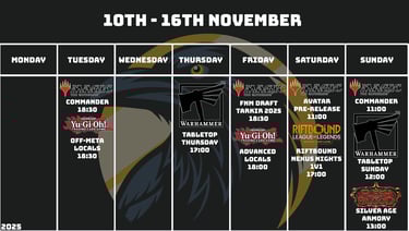 Crow's Nest Events Schedule November 10th - November 16th 2025