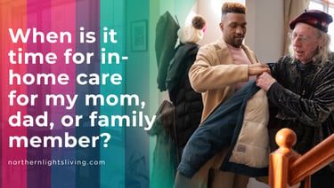 A caregiver helps an elderly senior man put on a coat, illustrating in-home care services.