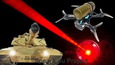 Military drone carrying an explosive payload targeting a main battle tank with a red laser beam.