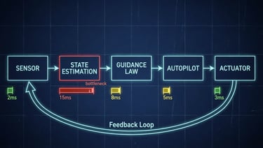 Control system feedback loop diagram showing a 15ms bottleneck in state estimation.