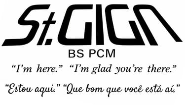 O logotipo da St.GIGA com seu lema: "'Estou aqui.' 'Que bom que você está aí.'"