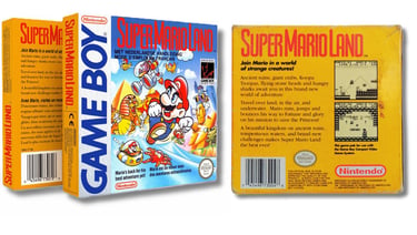 Cartucho, caixa e manual do jogo Super Mario Land para Game Boy com o logotipo "Game Boy Game Pak" i