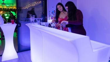 Vow renewal event in Redland Bay hired glow bar, cocktail tables and neon.