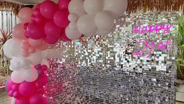 Silver Shimmer Wall in action at Birthday Event in Mountcotton, Redlands - party hire by SweetAz Co.