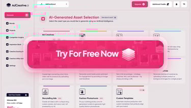 Adcreative Ai dashboard with the word Try For Free Now