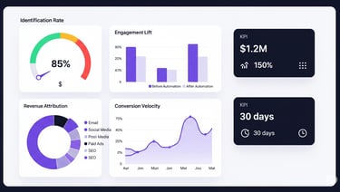 Analytics  charts for identification rate, engagement lift, revenue attribution, and conversion velo