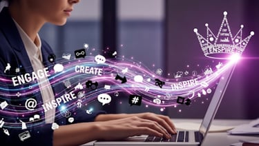 A professional writing a blog post on a laptop with a purple crown icon above the screen.