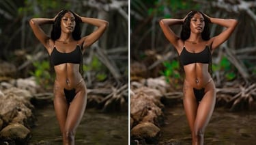 a woman in a bikinisuit standing in the water