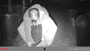 Martin picking up dead rat he shot.
