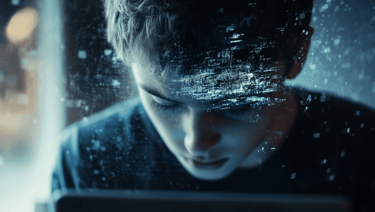 a man in a black shirt is looking at a tablet computer