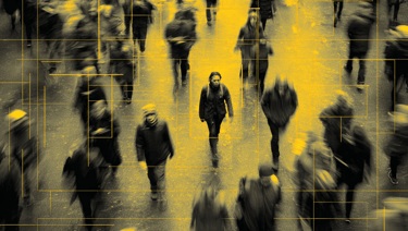 a woman walking through a crowd of people