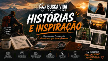 A banner for Busca Vida Adventures featuring a hiker overlooking mountains with travel journals and outdoor photography.