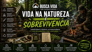 A man practices bushcraft survival skills by a campfire in a forest setting with camping gear.