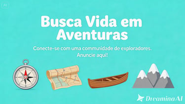Adventure banner featuring icons of a compass, map, canoe, and snowy mountains.
