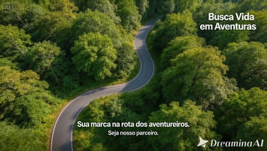 Aerial view of a winding asphalt road through a lush green forest for adventure travel.
