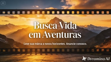 Cinematic mountain sunrise with Portuguese adventure text framed by a vintage film strip border.