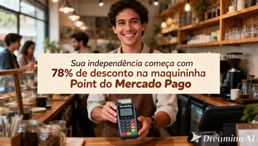 Smiling cafe owner holding a Mercado Pago Point card machine with 78% discount offer text.