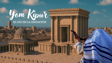 Man with talid blowing the shofar in front of the Jerusalem temple built by Solomon on Yom Kippur